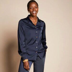 Talbots | Navy Blue Soft Satin Charmeuse Button Front Shirt | Size 3X